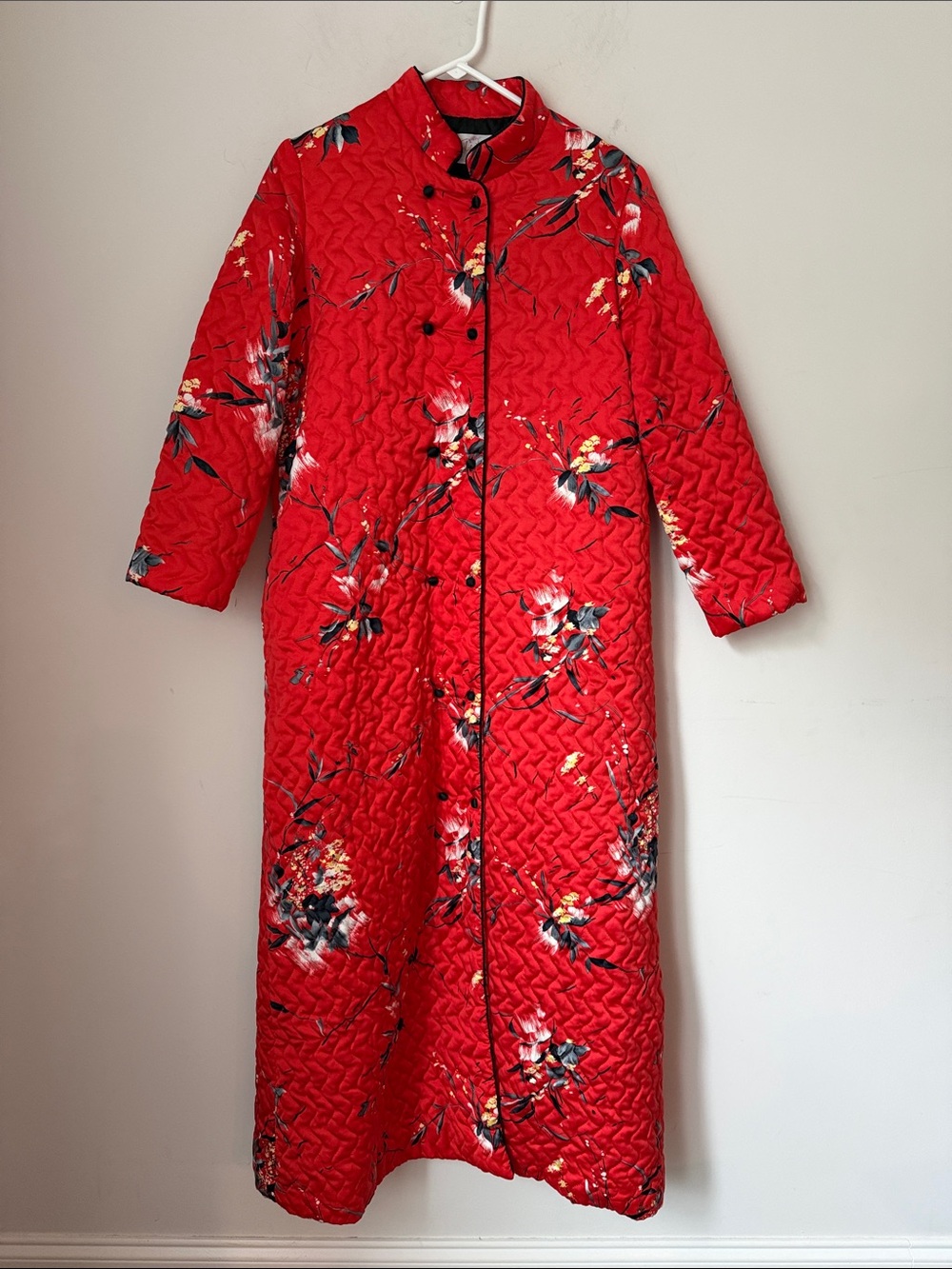 Jolie Two Luxe Red Floral Quilted Duster Coat Small